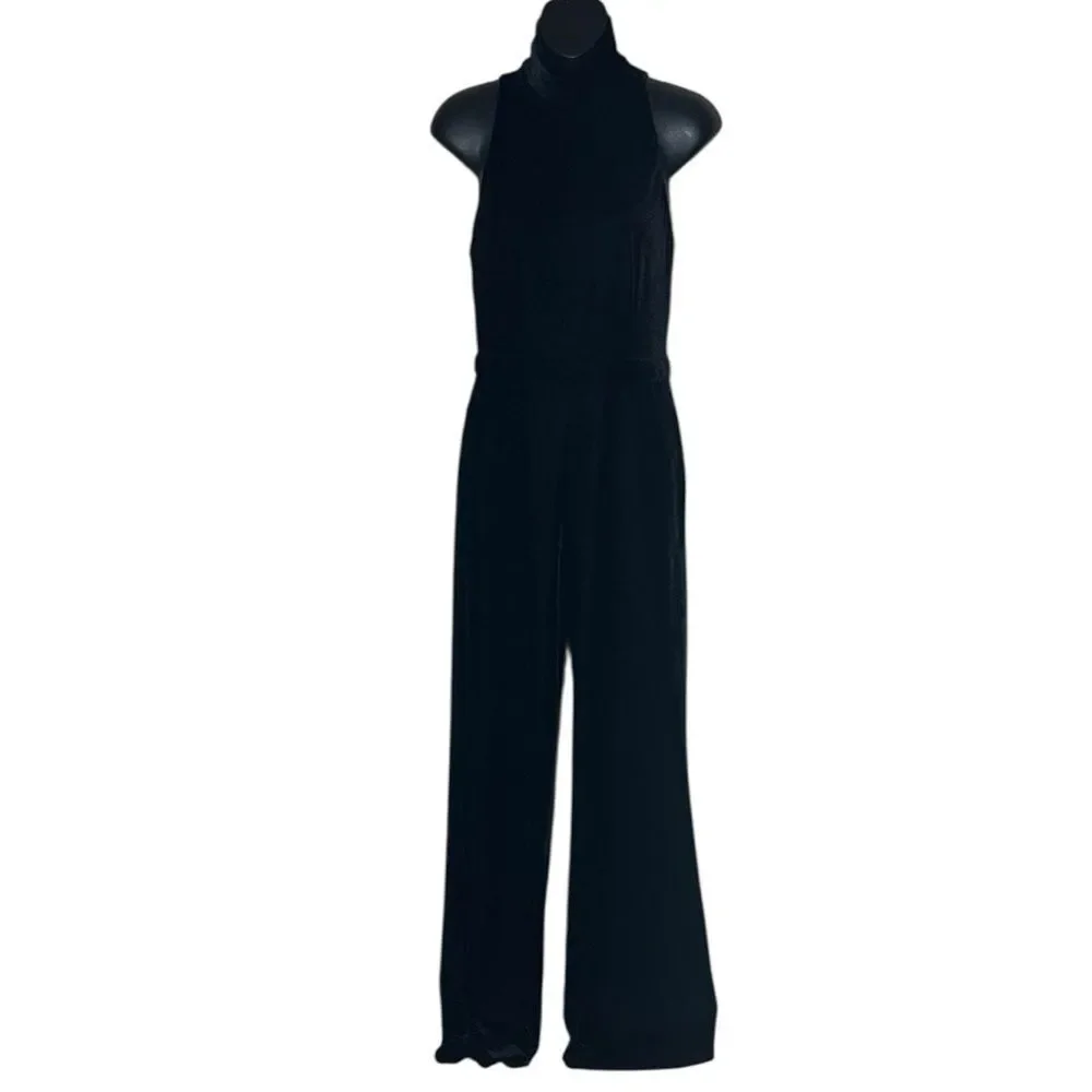 REISS women’s dori velvet jumpsuit 2 open back high neck quiet luxury black